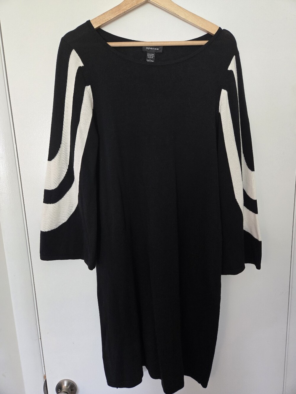 Spence Black Long Sleeve Sweater Dress Abstract White Swirl Statement Sleeves